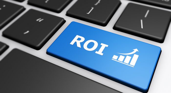 Business investment concept with ROI sign and growing graph icon on a blue computer key 3D illustration.