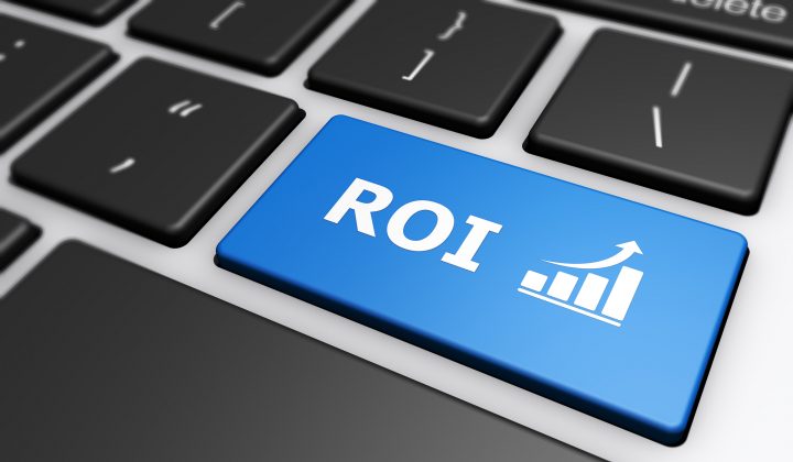 Business investment concept with ROI sign and growing graph icon on a blue computer key 3D illustration.