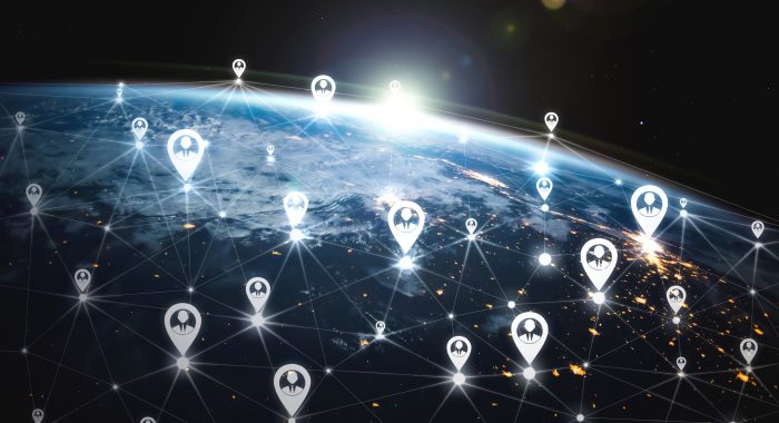 People network and global earth connection in innovative perception . Business people with modern graphic interface linking many people around world by social media . 3D illustration .