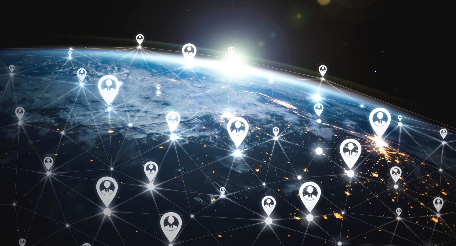 People network and global earth connection in innovative perception . Business people with modern graphic interface linking many people around world by social media . 3D illustration .