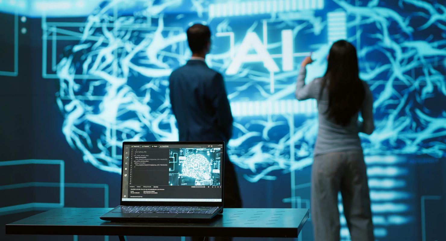 Engineers use AR tech to visualize AI neural networks brain, solving company problems. IT professionals using artificial intelligence augmented reality hologram, camera A